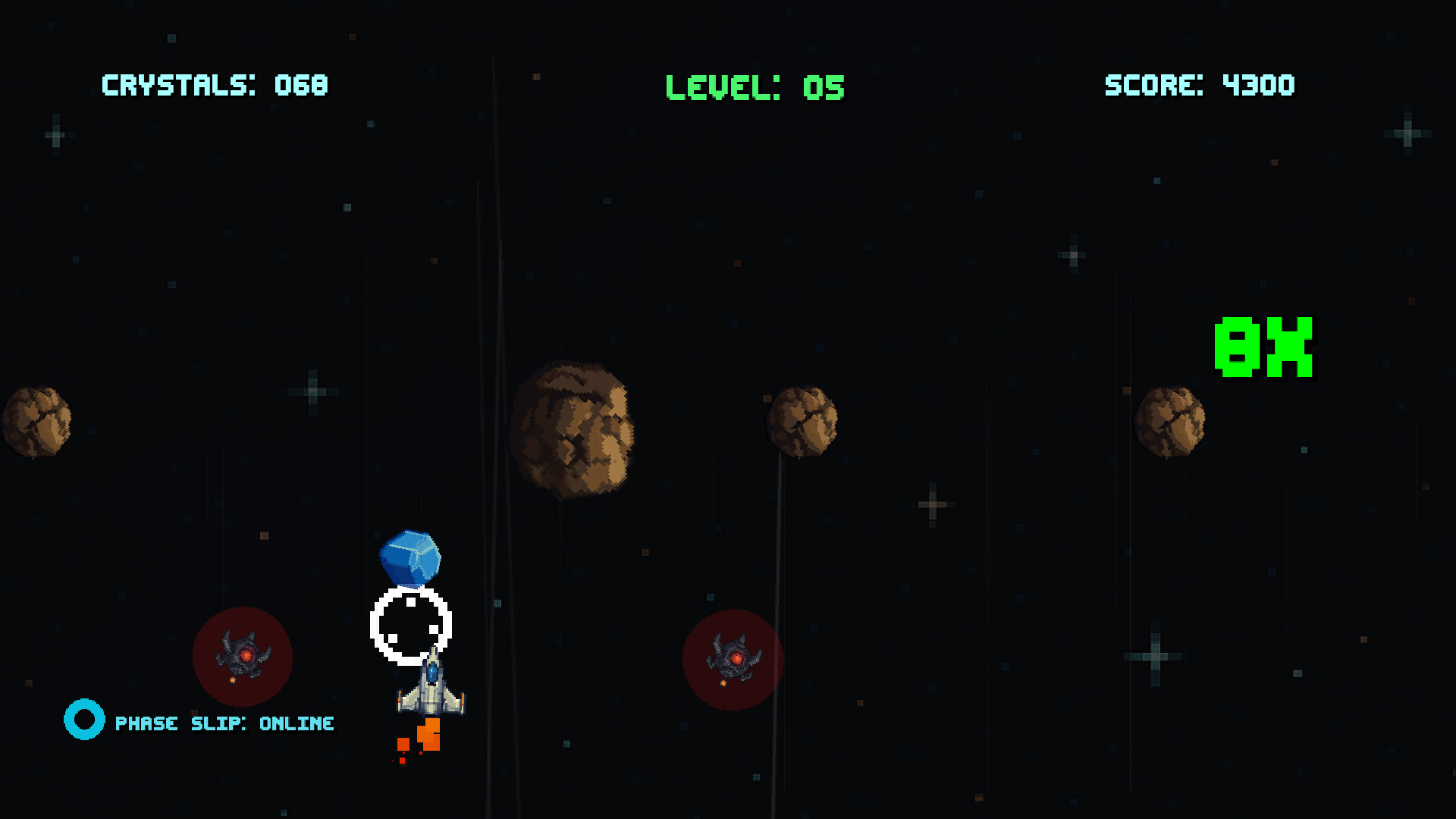 Crystal Drive gameplay: a blue crystal approaching the ship at an 8x combo in a sparse asteroid field