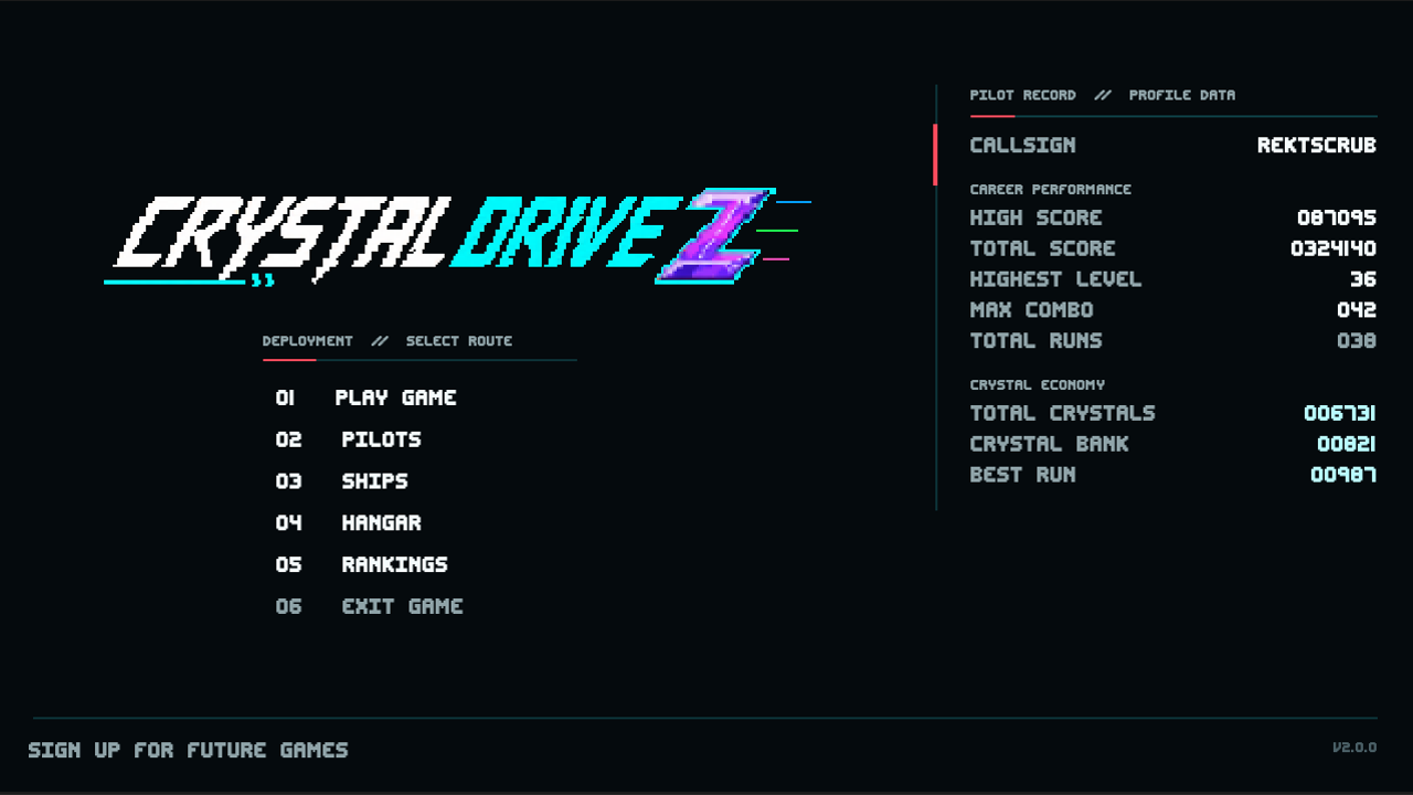 Main menu showing the Crystal Drive Z logo alongside career performance and crystal economy records