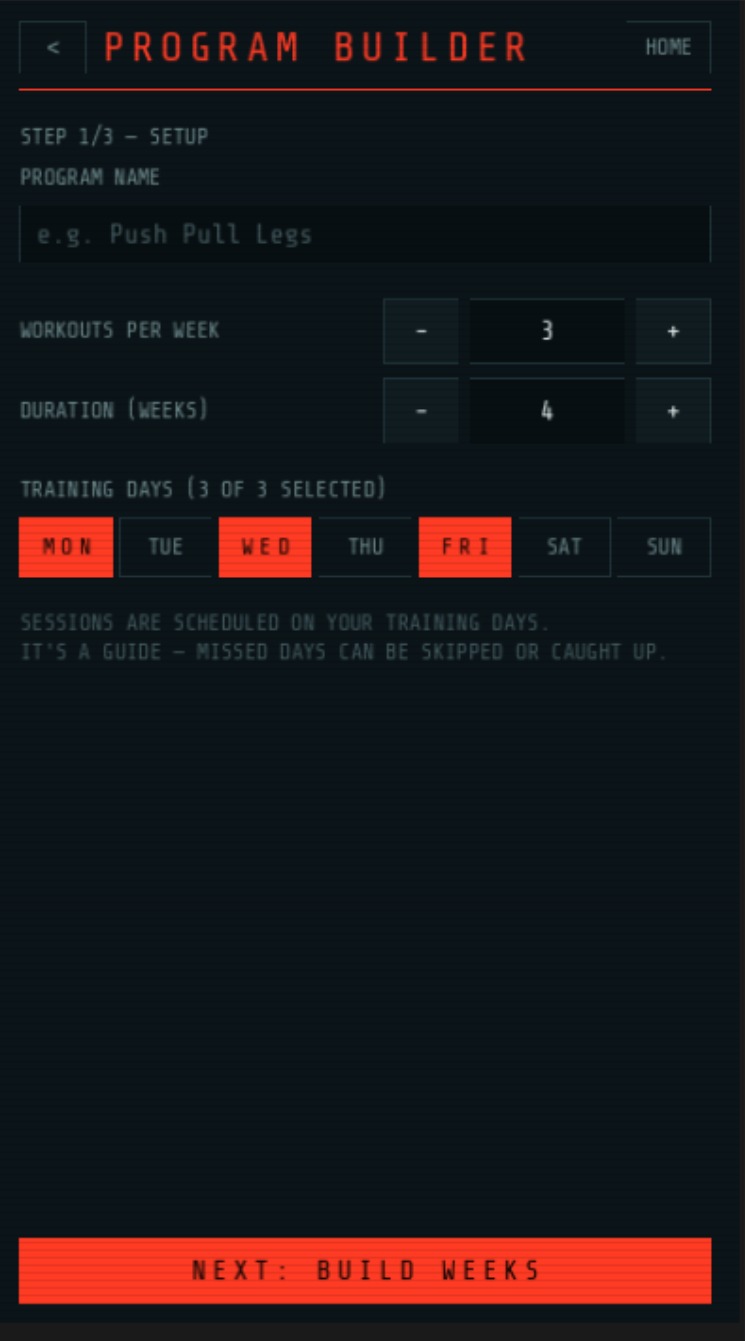 Program Builder setup with program length, frequency and selected training days