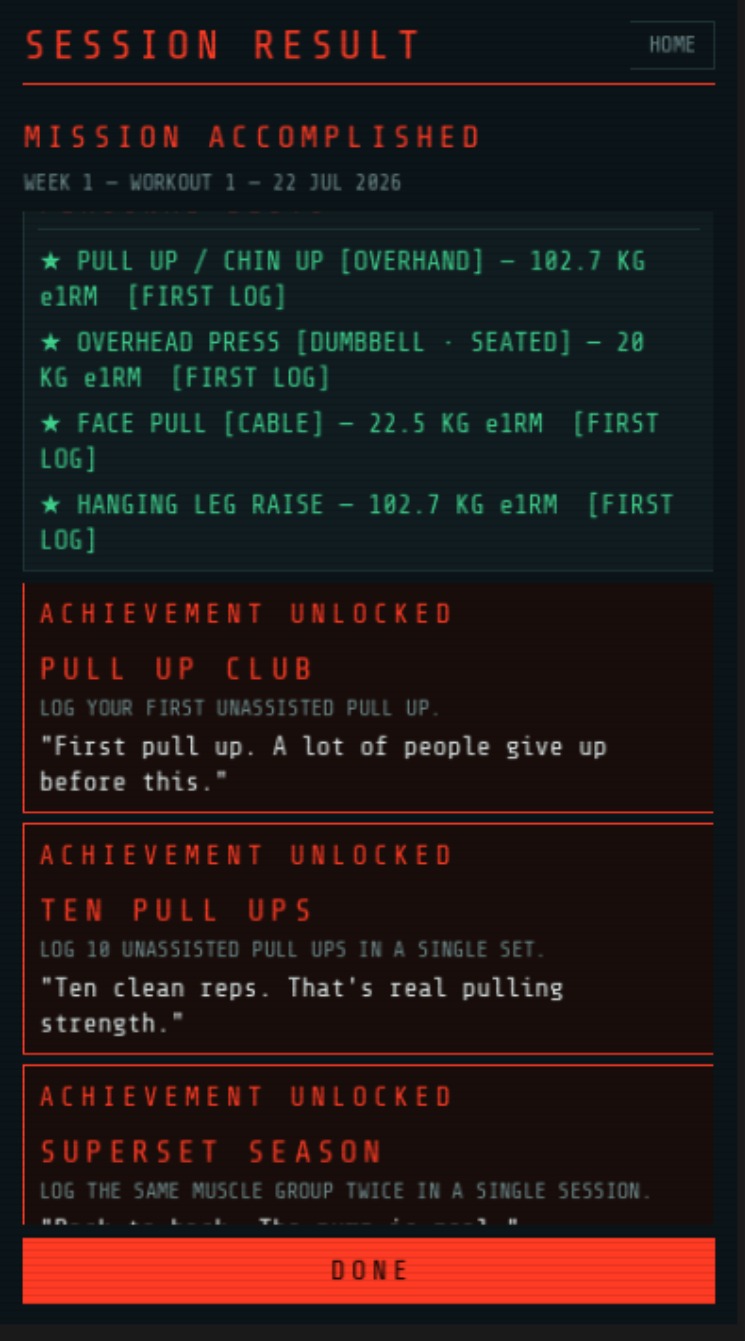 Session result showing personal bests and three achievements unlocked
