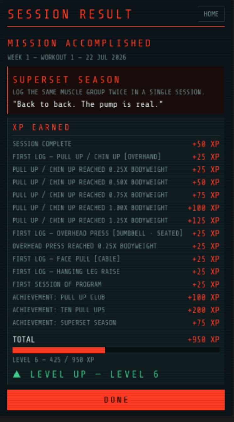 Session result showing XP earned and a level-up to level six